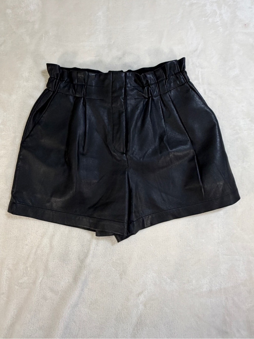 BCBGMaxAzria Symon Black Faux Leather High-Waist Pleated Paperbag Shorts - S